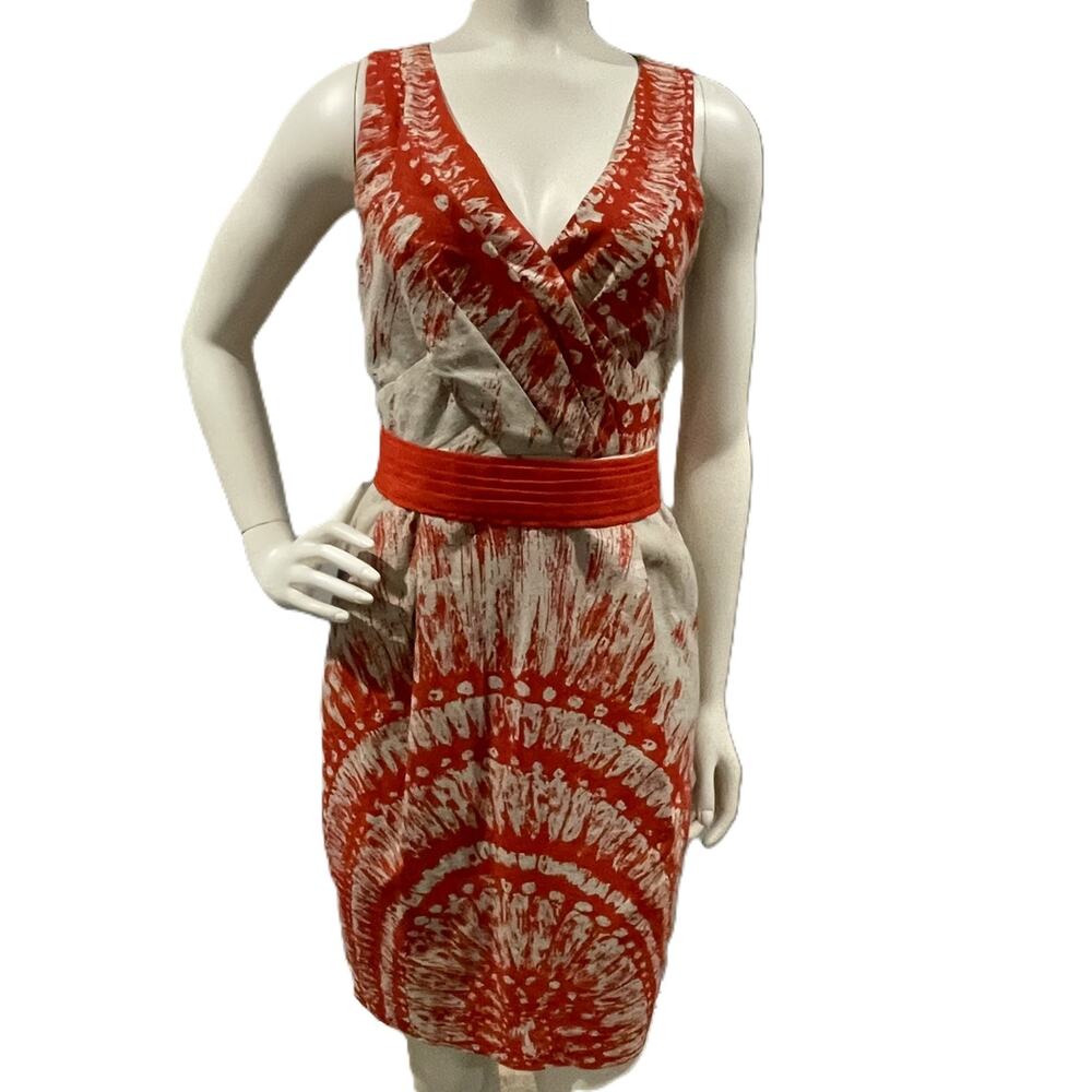 Eva Franco Orange Medallion‎ Print Dress Sz 2 Sleeveless V-Neck with Pockets